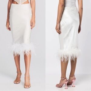 RETROFETE Ivory Satin Genuine Ostrich Feather Trim Hem Midi Pencil Skirt
